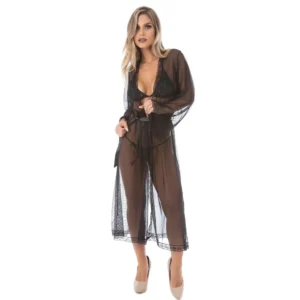 Robe Longo Tule Barrado Rendado (1114) preto