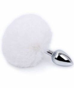 Plug anal de aço prata com pompom branco (MPA1402-M-BR) (A2) - M