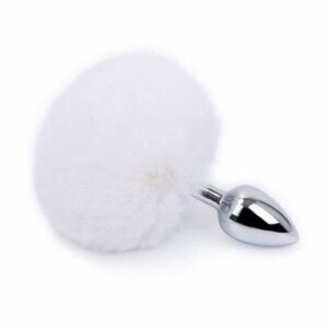 Plug anal de aço prata com pompom branco (MPA1402-M-BR) (A2) - M