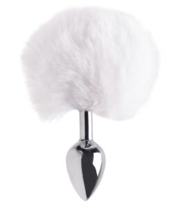 Plug anal de aço prata com pompom branco tamanho - p (MPA1402-P-BR)