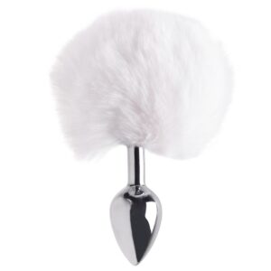 Plug anal de aço prata com pompom branco tamanho - p (MPA1402-P-BR)