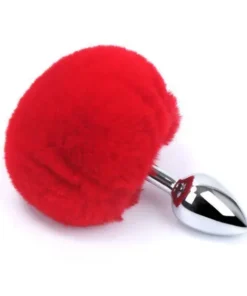 Plug anal de aço prata com pompom M vermelho