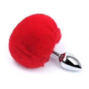 Plug anal de aço prata com pompom M vermelho